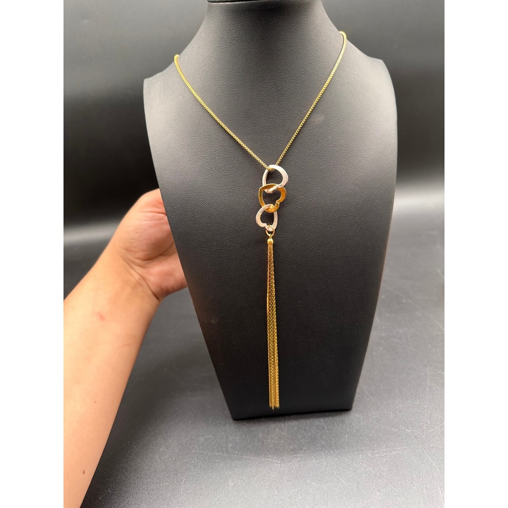 Vintage Interlocking Hearts Tassel Necklace Gold Silver Tone Box Chain